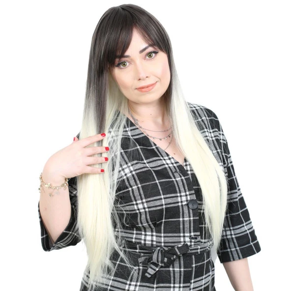 Fiber Sentetik Uzun Düz Kahküllü Peruk - Küllü Siyah / Platin Ombreli ürün görseli