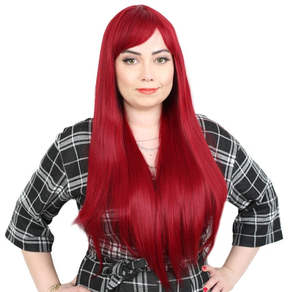 Fiber Sentetik Uzun Düz Kahküllü Peruk - Kızıl ürün görseli