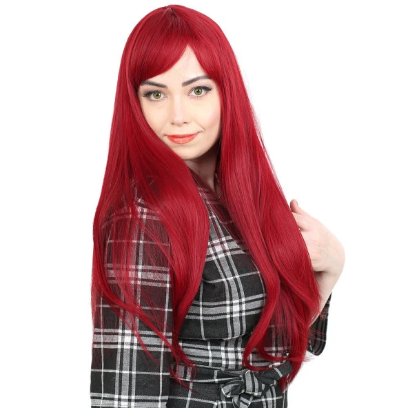 Fiber Sentetik Uzun Düz Kahküllü Peruk - Kızıl - Resim 2