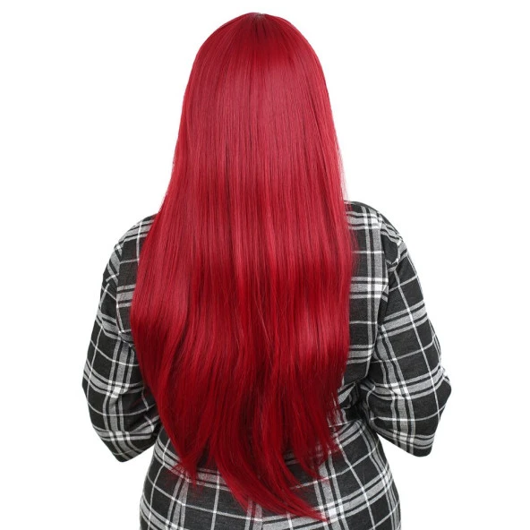 Fiber Sentetik Uzun Düz Kahküllü Peruk - Kızıl - Resim 4