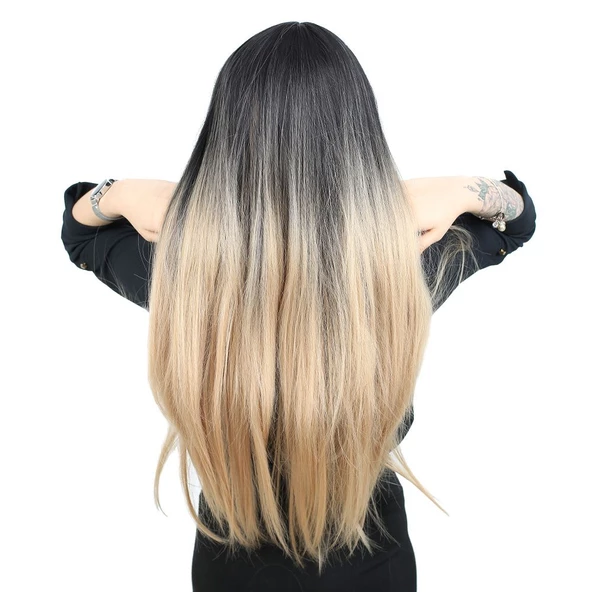 Fiber Sentetik Uzun Düz Kahküllü Peruk - Siyah / Balköpüğü Ombreli - Resim 4