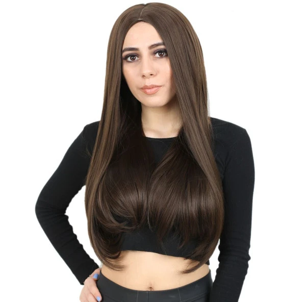 Fiber Sentetik Uzun Düz Peruk - Açık Kahve ürün görseli