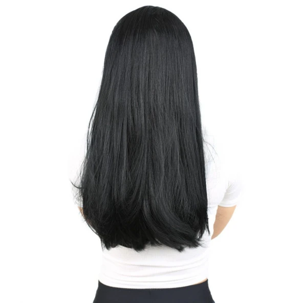 Fiber Sentetik Uzun Düz Peruk - Siyah - Resim 4