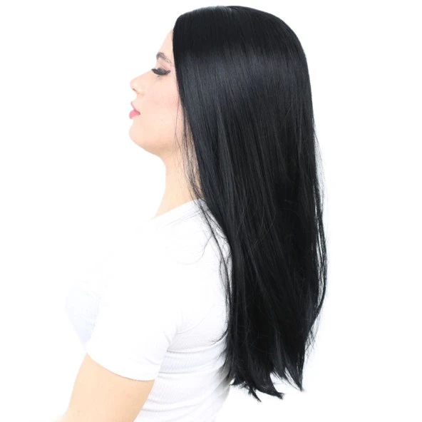 Fiber Sentetik Uzun Düz Peruk - Siyah - Resim 3