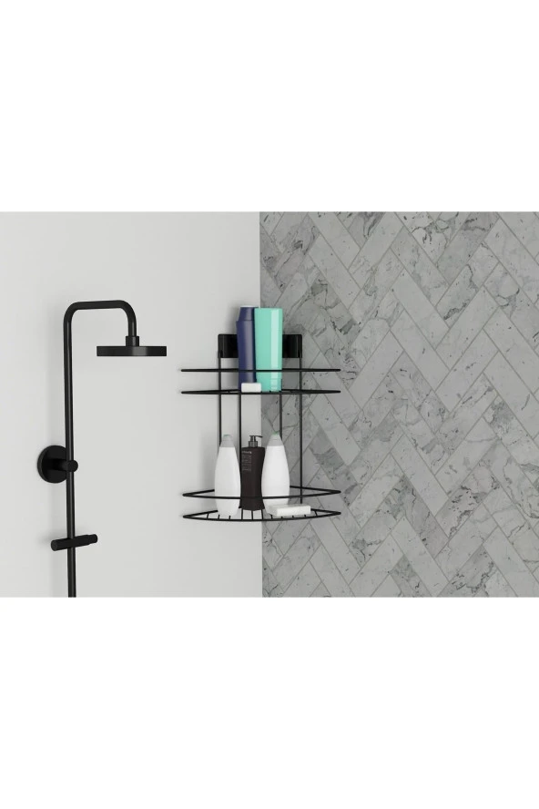 Decorev DC-5021 Dekoratif Yapışkanlı Metal Iki Katlı Şampuanlık Köşe Askı Siyah - 2
