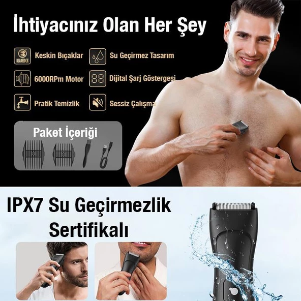 Coofbe Şarjlı Led Göstergeli Islak Kuru Tüm Vucut İçin Saç Sakal Traş Makinası Vucut Traş Makinası - 12