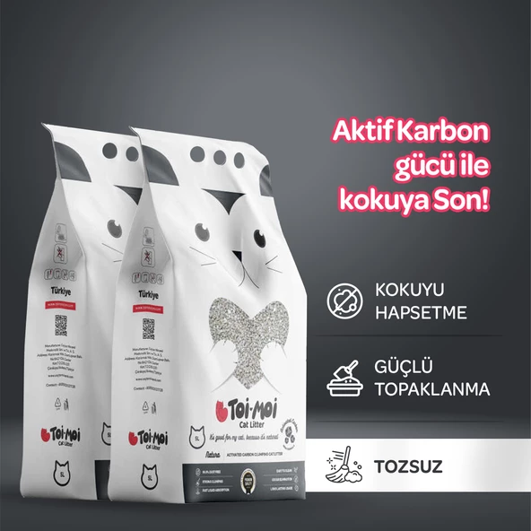 2’li Avantaj Paketi Koku Hapseden, Topaklanan,Tozsuz Aktif Karbonlu Bentonit Kedi Kumu 2x5kg