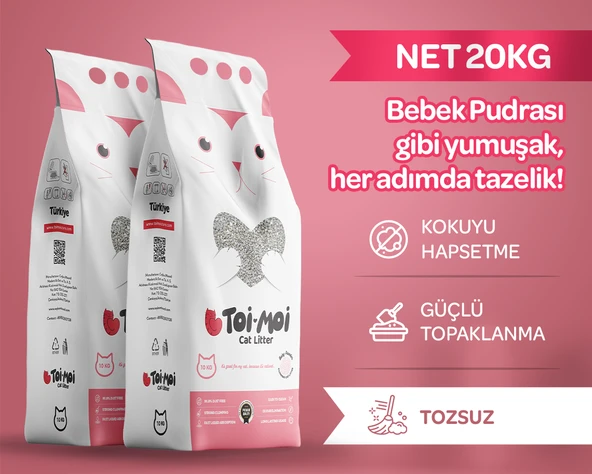 2li Avantaj Paketi Tozsuz, Topaklanan, Emiciliği Yüksek Bebek Pudralı Bentonit Kedi Kumu 2x10Kg ürün görseli