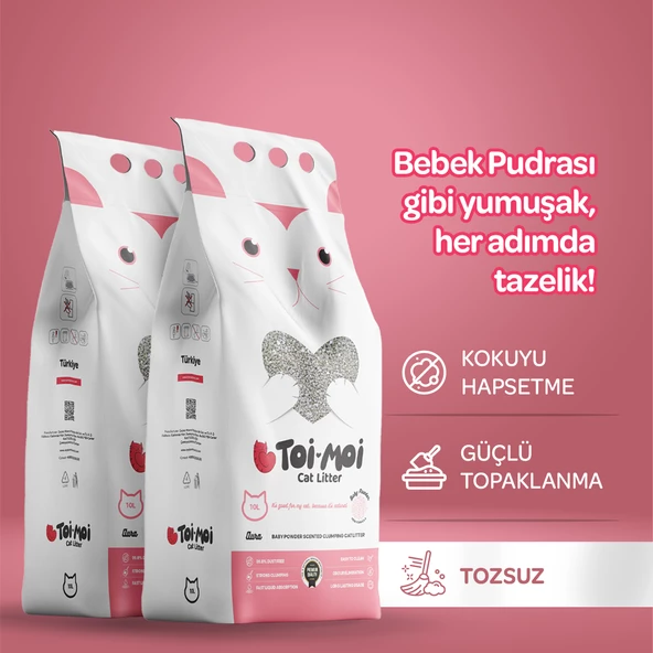 2li Avantaj Paketi Tozsuz, Topaklanan, Emiciliği Yüksek Bebek Pudralı Bentonit Kedi Kumu 2x10lt