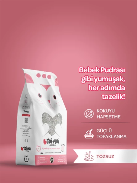 Tozsuz, Topaklanan, Emiciliği Yüksek Bebek Pudralı Bentonit Kedi Kumu 5lt