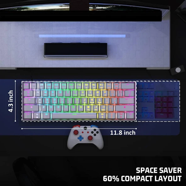 Valkyrie Leaven K620 Blue Switch Mekanik Gaming Oyun Klavyesi RGB 61 Key Mavi Tuş Type-C Klavye Beyaz - 6