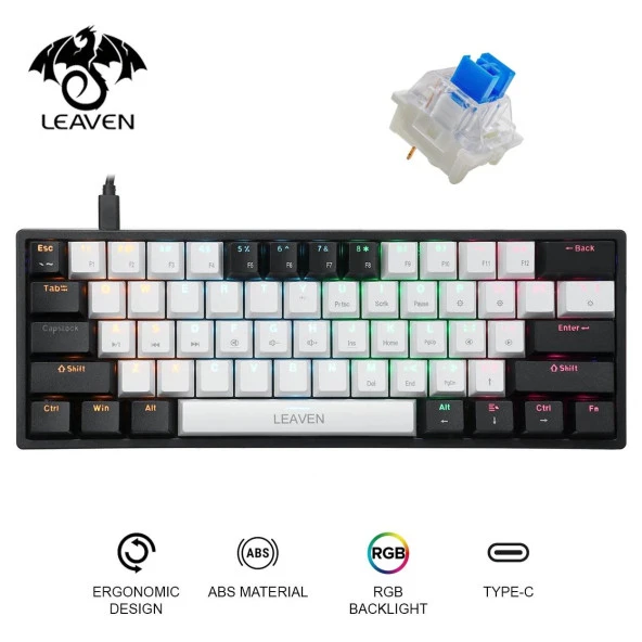 Valkyrie Leaven K620 Blue Switch Mekanik Gaming Oyun Klavyesi RGB 61 Key Mavi Tuş Type-C Klavye Siyah Beyaz k620