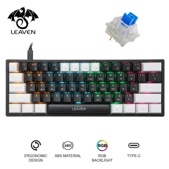 Valkyrie Leaven K620 Blue Switch Mekanik Gaming Oyun Klavyesi RGB 61 Key Mavi Tuş Type-C Klavye Beyaz-Siyah