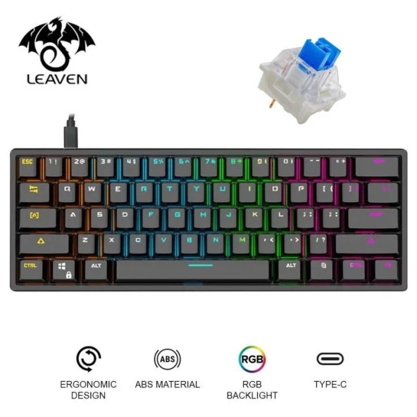 Valkyrie Leaven K870 Blue Switch Mekanik Gaming Oyun Klavyesi RGB 61 Key Mavi Tuş Type-C Klavye Siyah