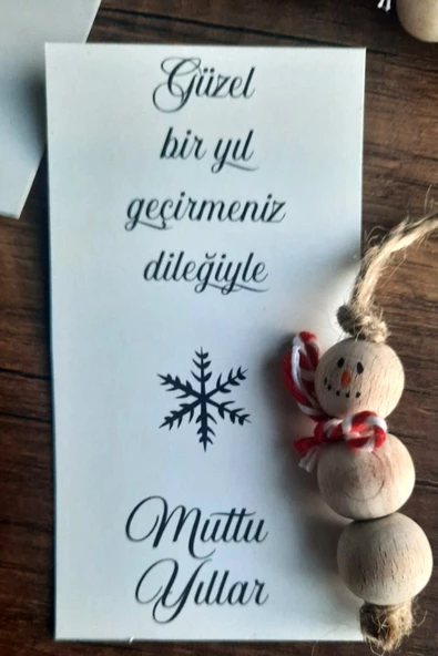 15 Adet Ahşap Kardan Adam Yılbaşı Temalı Kartlı - Yılbaşı Hediye - Yılbaşı Tebrik Kartı - 5