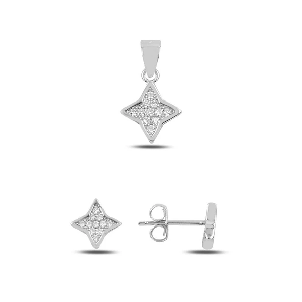 Gümüş Yıldız Zirkon Taşlı Küpe & Kolye Ucu Set