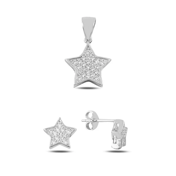 Gümüş Zirkon Taşlı Yıldız Küpe & Kolye Ucu Set