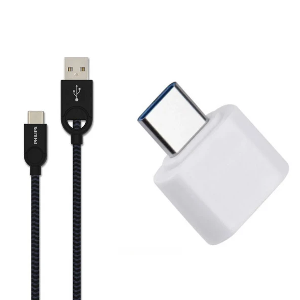 Philips 5A 100W UsbA to Type-C Örgülü 1.2M Hızlı Şarj ve Data Kablosu Siyah + ScHitec Type-C to UsbA 3.0 Dönüştürücü Adaptör