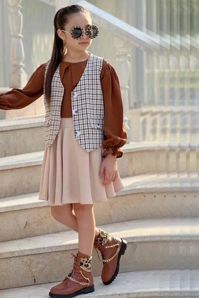 Kız Çocuk Çizgili Cepken ve Gömlek Yaka Kahverengi Bluz Etekli Takım - Resim 3