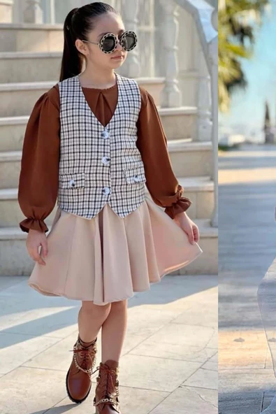 Kız Çocuk Çizgili Cepken ve Gömlek Yaka Kahverengi Bluz Etekli Takım ürün görseli