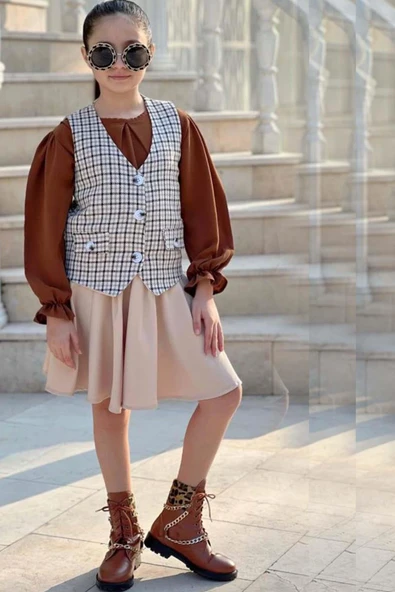 Kız Çocuk Çizgili Cepken ve Gömlek Yaka Kahverengi Bluz Etekli Takım - Resim 2