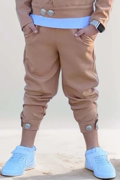 Erkek Çocuk Bisiklet Yaka Bluz ve Gümüş Düğme Detaylı Kahverengi Ceket Alt Üst Takım - Resim 4