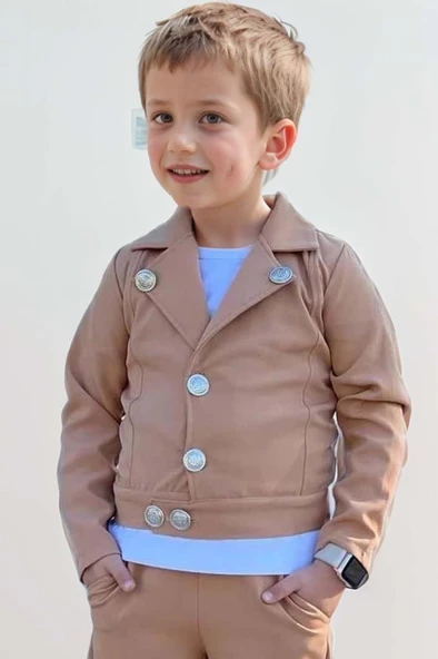 Erkek Çocuk Bisiklet Yaka Bluz ve Gümüş Düğme Detaylı Kahverengi Ceket Alt Üst Takım - Resim 3