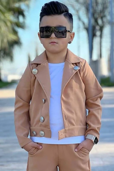 Erkek Çocuk Bisiklet Yaka Bluz ve Gümüş Düğme Detaylı Kahverengi Ceket Alt Üst Takım - Resim 8