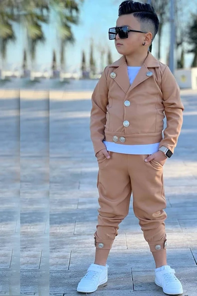Erkek Çocuk Bisiklet Yaka Bluz ve Gümüş Düğme Detaylı Kahverengi Ceket Alt Üst Takım - Resim 5