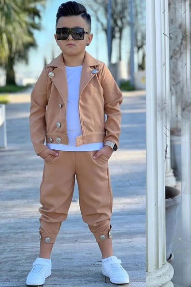 Erkek Çocuk Bisiklet Yaka Bluz ve Gümüş Düğme Detaylı Kahverengi Ceket Alt Üst Takım - Resim 7