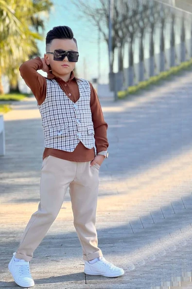 Erkek Çocuk Çizgili Cepken ve Gömlek Yaka Kahverengi Bluz Alt Üst Takım - Resim 3