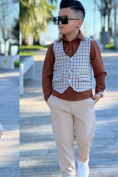 Erkek Çocuk Çizgili Cepken ve Gömlek Yaka Kahverengi Bluz Alt Üst Takım ürün görseli