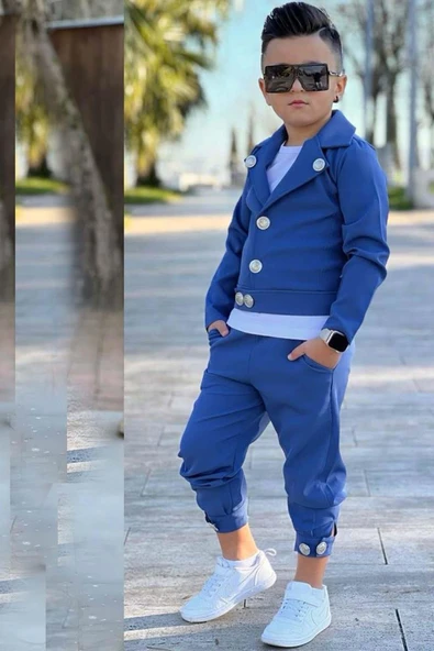 Erkek Çocuk Bisiklet Yaka Bluz ve Gümüş Düğme Detaylı Lacivert Ceket Alt Üst Takım - 2