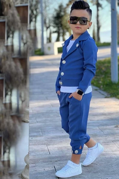 Erkek Çocuk Bisiklet Yaka Bluz ve Gümüş Düğme Detaylı Lacivert Ceket Alt Üst Takım - 3