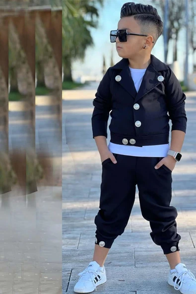 Erkek Çocuk Bisiklet Yaka Bluz ve Gümüş Düğme Detaylı Siyah Ceket Alt Üst Takım - Resim 7