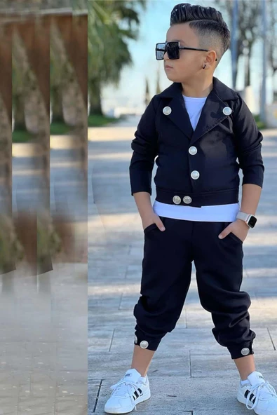 Erkek Çocuk Bisiklet Yaka Bluz ve Gümüş Düğme Detaylı Siyah Ceket Alt Üst Takım - 3