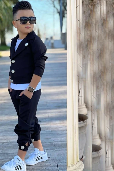 Erkek Çocuk Bisiklet Yaka Bluz ve Gümüş Düğme Detaylı Siyah Ceket Alt Üst Takım - Resim 6