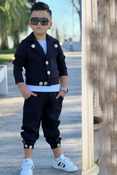 Erkek Çocuk Bisiklet Yaka Bluz ve Gümüş Düğme Detaylı Siyah Ceket Alt Üst Takım - Resim 5