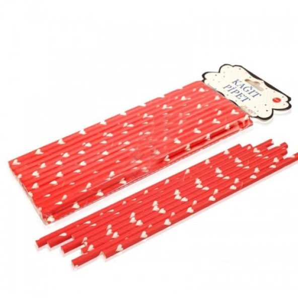 KAĞIT PİPET UZUN 26 CM - Ø6MM. KIRMIZI ÜZERİNE BEYAZ KALP / 25 ADET
