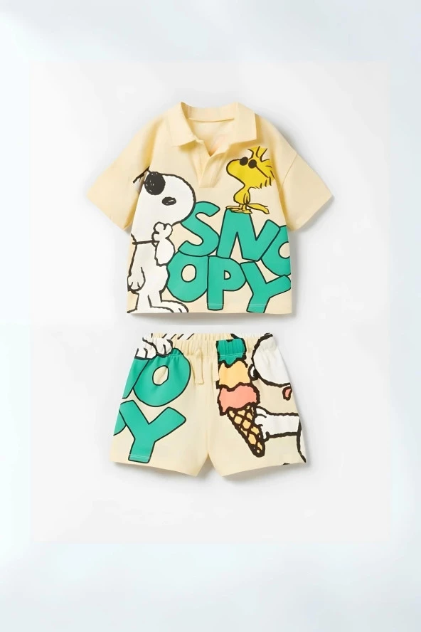 Unisex Bebek & Çocuk Snoopy Baskılı Pamuklu Polo Yaka T-shirt ve Şort Alt Üst Takım