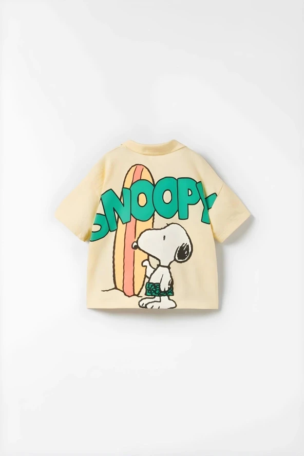 Unisex Bebek & Çocuk Snoopy Baskılı Pamuklu Polo Yaka T-shirt ve Şort Alt Üst Takım - 3
