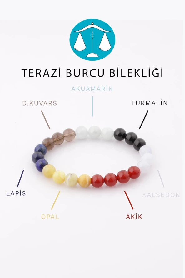 Terazi Burcu Taşlarından Oluşan Doğal Taş Bileklik 8 mm Küre Kesim - Burç Bilekliği