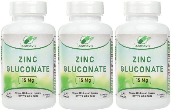 Yurdavit Çinko Glukonat 15 Mg Zinc Gluconate 3x120 Tablet