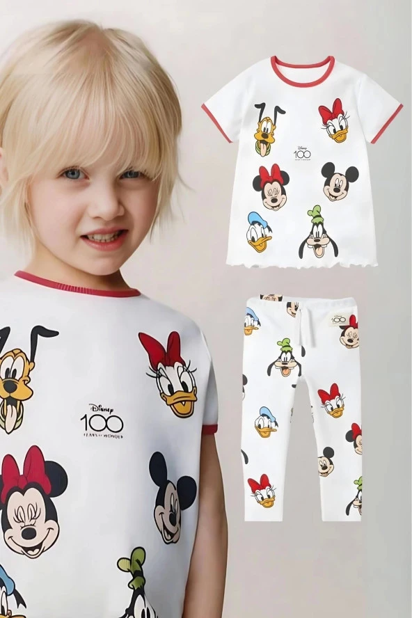 Kız Çocuk Disney 100. Yıl Baskılı Pamuklu Bisiklet Yaka Fitilli Kumaş T-shirt ve Tayt Alt Üst Takım