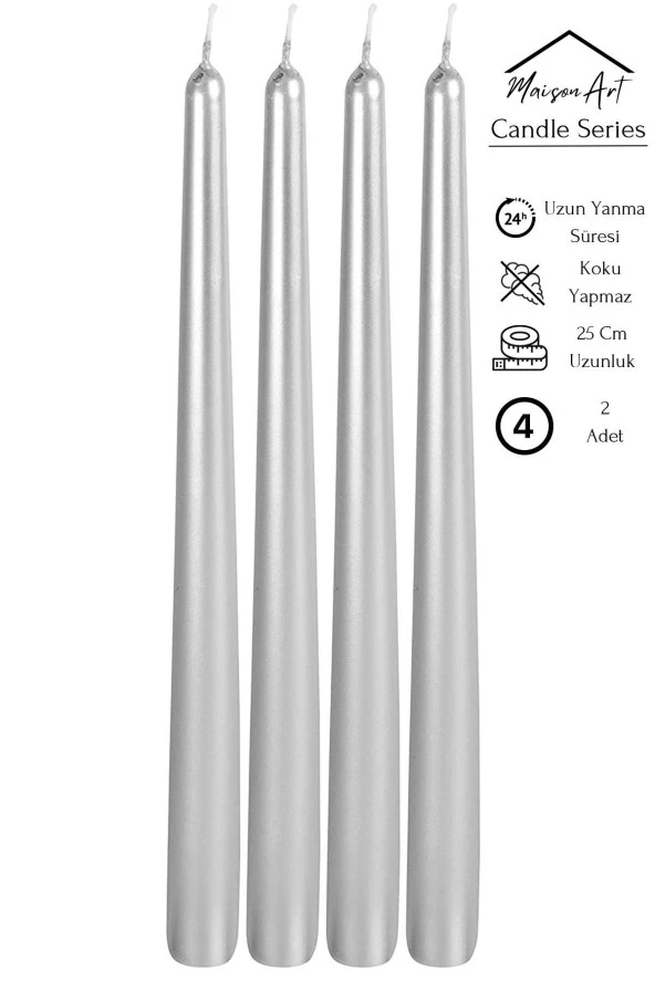 Şamdan Mumu | 4 Adet | Parlak Metalik Silver Gri Renk Konik Şamdan Mumu ürün görseli
