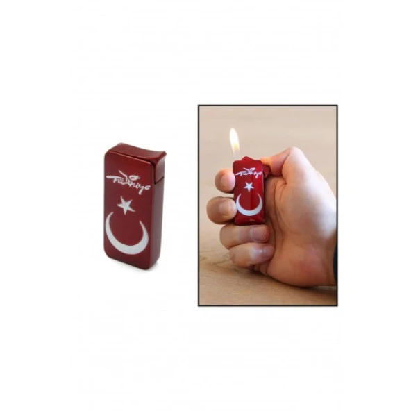 Kişiye Özel AY YILDIZ TEMALI KIRMIZI-BEYAZ RENK MANYOTORLU METAL ÇAKMAK