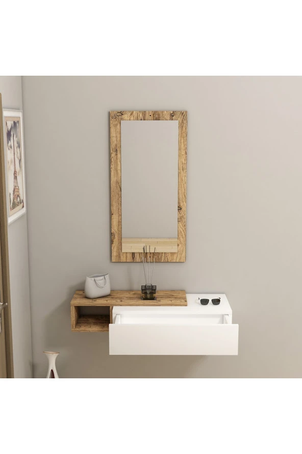 Arnetti Vien Çekmeceli Raflı Duvara Monte Aynalı Dresuar, Atlantik Çam & Beyaz - Vien - 3
