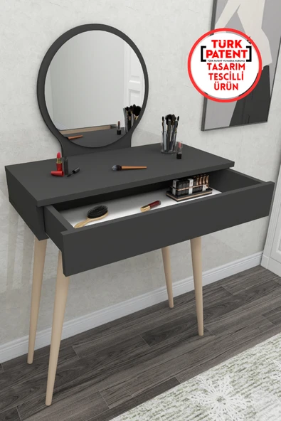 Arnetti Siena Aynalı Ahşap Ayaklı Çekmeceli Makyaj Masası Antrasit ürün görseli 1