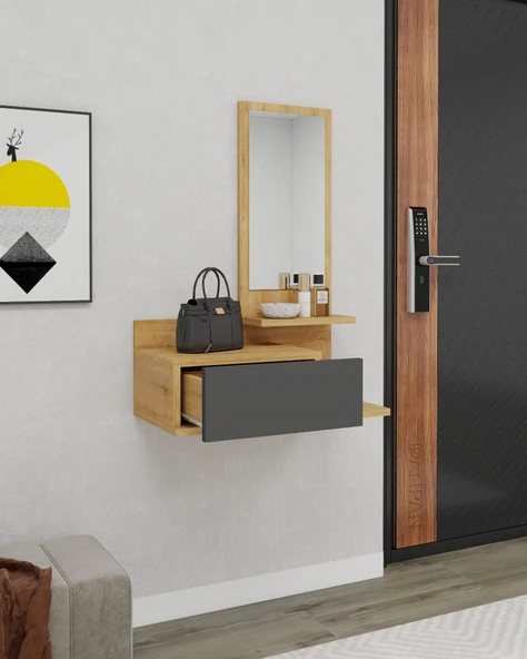 Arnetti Rozella Aynalı Dresuar Duvara Monte Çekmeceli Dresuar Makyaj Masası Antrasit , Safirmeşe - 2