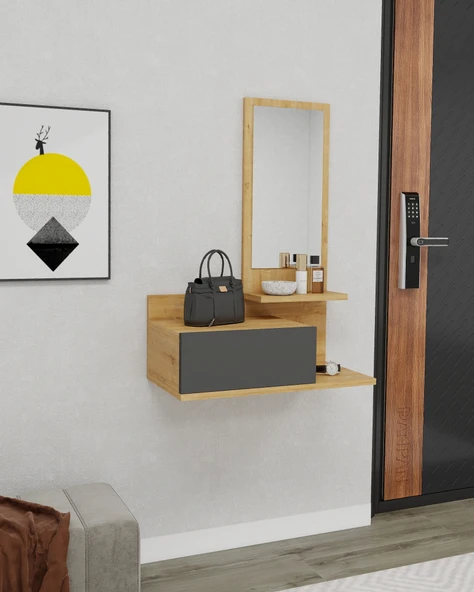 Arnetti Rozella Aynalı Dresuar Duvara Monte Çekmeceli Dresuar Makyaj Masası Antrasit , Safirmeşe - 3